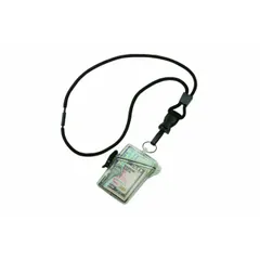 Vertical clear plastic pouch with a 36-inch lanyard strap for holding identification badges. Suitable for security, access control, and employee identification in facilities and offices.