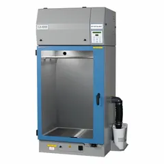 This fuming chamber features a polypropylene housing with a powder-coated finish. It includes a polypropylene base/stand and a work surface. Typical applications include controlled fuming processes in laboratory settings, such as evidence processing and sample preparation.