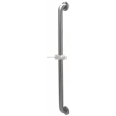 This straight grab bar is constructed of brushed stainless steel with a 1-1/2 in diameter and 36 in length, supporting up to 250 lb. It is typically installed in commercial bathrooms, healthcare facilities, and accessible showers to provide a secure handhold for users with limited mobility.
