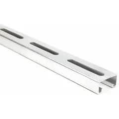 This slotted strut channel is fabricated from aluminum with a plain silver finish. It features long slotted holes measuring 13/32 in by 3 in with 4 in center-to-center spacing. The 14-gauge channel is used in industrial framing and support systems for mounting pipes, conduit, and cable trays, allowing easy adjustment and alignment during installation.