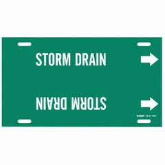 Green strap-on pipe marker with white legend reading 'Storm Drain' and directional arrows. Fits pipe outer diameters from 6 to 7-7/8 inches. Used for identifying storm drain pipes in industrial and commercial facilities to prevent cross-connections.