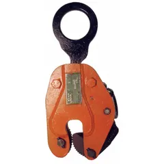 This steel plate-lifting clamp is designed for vertical and horizontal lifting of steel plates. It features a load ring attachment and has a working load limit of 2,000 lb. Typical applications include handling steel plates in fabrication, construction, and industrial settings.
