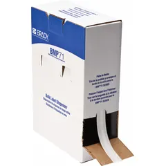 Continuous label roll measuring 15/64 in x 275 ft, made of white vinyl with a removable and repositionable adhesive. Designed for use with the Brady BMP71 printer series. Suitable for temporary identification and reapplication on cables, components, or equipment where labels may need to be moved or replaced without residue.