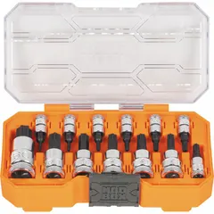 This 13-piece set includes Torx impact socket bits with fixed insert design. Drive sizes are 1/4 in, 3/8 in, and 1/2 in, covering Torx tip sizes from T8 to T60. Suitable for driving Torx fasteners in automotive, construction, and industrial maintenance applications using impact tools.
