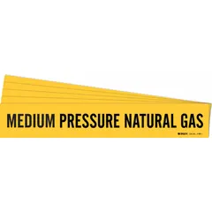 Yellow adhesive pipe marker with black legend text reading 'Medium Pressure Natural Gas'. Fits pipe outer diameters from 2-1/2 to 7-7/8 inches. Pack of 5 markers without arrows. Used to identify medium pressure natural gas lines in industrial piping systems.
