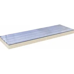 This boltless shelf kit includes a steel frame with powder-coated tan finish and steel-plank decking. It features a single straight configuration with a center support and a load capacity of 685 lb. Suitable for organizing parts, tools, or boxes on boltless shelving systems in warehouses, distribution centers, and workshops.