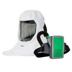 Belt-mounted powered air-purifying respirator assembly from the T-Link series. Includes PX5 PAPR blower, Tychem QC hood, hard hat assembly, and breathing tube. Powered by a lithium-ion battery for portable respiratory protection in industrial environments.