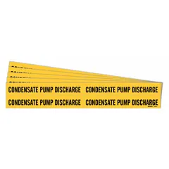 Yellow adhesive pipe marker with black legend reading 'Condensate Pump Discharge'. Fits pipe outer diameters from 3/4 to 2-3/8 inches. Supplied in a 5-pack without arrows. Used to identify condensate pump discharge lines in industrial piping systems.
