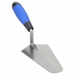 This gauging trowel features a round carbon steel blade with a width of 3 1/2 inches. The blade shape is suited for spreading, smoothing, and leveling concrete in construction and masonry applications. An ergonomic rubberized handle provides comfort during use.