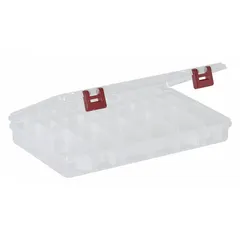 This clear plastic compartmented box features 28 compartments and 25 adjustable dividers for customizing storage layouts. It is used for organizing small parts such as hardware, craft supplies, or components in workshops and industrial settings. The transparent material allows visual identification of contents.
