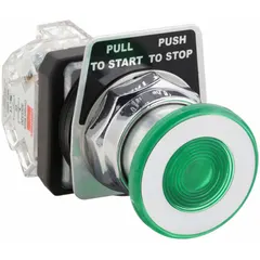 This Dayton mushroom-head push button features a 30 mm metallic profile with maintained action. It has one normally open and one normally closed contact, with pressure plate terminals. Suitable for use as a non-illuminated operator in industrial control panels.