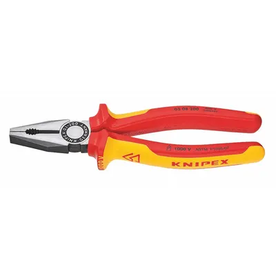 KNIPEX Linemans Plier: Insulated, Flat, 8 in Overall Lg, 1 5/8 in Jaw Lg, 1 1/2 in Jaw Wd - Multipurpose Insulated Lineman's Pliers