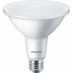 PHILIPS PAR38 LED lamp with clear finish, medium screw (E26) base, 10W power consumption, 120V operation, 3000K color temperature, and 1000 lumens light output. Shatter-resistant construction. Suitable for accent, track, and recessed lighting in commercial and industrial applications such as retail displays, hospitality, and warehouses.