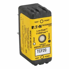 Class CF, TCF Series time-delay cube fuse rated 20 A, 600 V AC, 300 V DC. Indicating feature provides visual indication of a blown fuse. Suitable for overcurrent protection in motor circuits, transformers, and other inductive loads with temporary inrush currents.