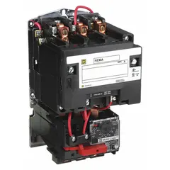 Three-pole, non-reversing magnetic motor starter with electronic overload relay for motor protection. NEMA Size 2, rated 45 A, with 220/240V AC coil and screw clamp terminals. Suitable for starting and stopping three-phase motors in applications such as pumps, conveyors, and compressors.