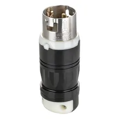 General purpose locking plug with 3 poles and 4 blades. Rated 50 A at 250V DC or 600V AC. Black and white housing. Suitable for high-power industrial equipment requiring a secure non-NEMA connection.