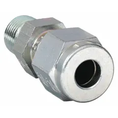 This double-ferrule steel compression fitting adapter connects 1/4 in OD tubing to 1/8 in male NPT threads. With a 7/16-20 thread size and Compression x MNPT type, it is compatible with Parker A-LOK fittings for leak-free sealing in hydraulic, pneumatic, and instrumentation systems.