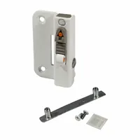 Dual-action window opening control device for casement or awning windows. Right-hand orientation, white gloss finish, stamped steel construction. Measures 2 3/8 in Lg by 1 11/32 in Wd. Allows controlled ventilation while restricting full opening