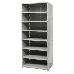 This HALLOWELL medium-duty standalone closed metal shelving unit provides organized storage for warehouses, factories, and commercial facilities. It features a steel frame and eight steel shelves within a 36 in x 24 in footprint and 84 in overall height. The closed design helps protect contents from dust and damage. The unit is unassembled and finished in gray.