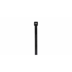 This heat-stabilized cable tie has a 15-inch nominal length and a 4-inch maximum bundle diameter, with a 0.3-inch width. It is black and rated for outdoor use, suitable for bundling and securing wires and cables in environments exposed to sunlight and weather. Supplied in a pack of 100.