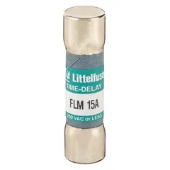 The LITTELFUSE FLM015 is a 15 A, 250 V AC time-delay midget fuse with a non-indicating design. It measures 13/32 in x 1 1/2 in and is part of the FLM series. This fuse is used in industrial control circuits, motors, and transformers to provide overload and short-circuit protection while accommodating temporary inrush currents.