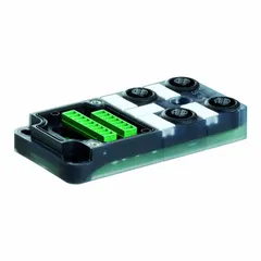 Passive sensor junction block with 4 ports, each 4-pole M12 female connector rated at 4 A. PNP electrical design, IP67 rated. For use with a 12-pole screw terminal cap. Consolidates sensor signals in industrial automation applications.