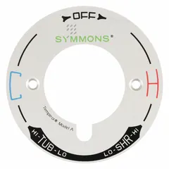 Metal trim decal with chrome finish for Temptrol bathtub and shower faucets. Provides visual reference for hot and cold water settings. Includes no handles.