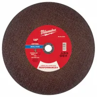 This MILWAUKEE cut-off wheel is a Type 1 general purpose abrasive wheel for cutting carbon and stainless steel. It measures 14 inches in diameter with a 7/64-inch thickness and 1-inch arbor hole, using 30 grit aluminum oxide. Suitable for metal fabrication, construction, and maintenance tasks requiring clean cuts on ferrous materials