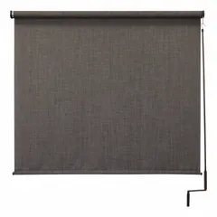 This Regal Series sun shade from KEYSTONE FABRICS features a gray fabric with 8 ft height and provides 92% UV protection. It is operated via a right-side pole and crank mechanism and secured with a bungee and hook tie-down system. Suitable for outdoor areas such as patios, decks, or workspaces.