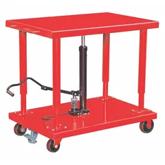 This manual post-lift table from Dayton features a steel platform measuring 42 inches long by 30 inches wide. With overall dimensions of 42 in L x 30 in W x 54 in H, it is suited for lifting and positioning heavy loads in industrial settings such as warehouses and assembly lines.
