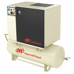 Horizontal rotary screw air compressor with integrated air dryer. 5 hp motor delivers 16 cfm at 230V AC three-phase power. 80 gal tank. Suitable for continuous-duty compressed air supply in industrial settings such as manufacturing and automation.