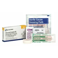 Unitized wound dressing kit for treating minor cuts on one person. Includes two adhesive bandages, tape, and a triple antibiotic ointment packet. Latex free, not water resistant, and contains no oral or inhalant medication. OSHA compliant.