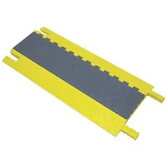 This straight-section cable ramp from POWER FIRST features a hinged cover and five channels for routing and protecting cables across floors, driveways, or event spaces. Constructed from polyurethane, it accommodates cables up to 1 1/4 inches in diameter and measures 1 5/8 inches high by 16 1/2 inches wide. The gray/yellow unit helps reduce tripping hazards and cable wear in industrial or commercial settings.