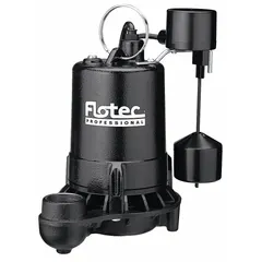 The FLOTEC E50VLT is a 1/2 hp general purpose submersible sump pump designed for removing accumulated water from basements, crawl spaces, and other low-lying areas. It operates on 115V AC, draws 6.9 A, and delivers 61 gpm at 10 feet of head. The pump features a 1-1/2 inch FNPT discharge connection and a piggyback vertical float switch for automatic operation.
