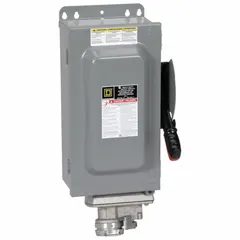 This SQUARE D fusible safety switch is rated 30 A, three-phase, 600V AC, with a galvanized steel enclosure for indoor use. It provides manual disconnect and overcurrent protection for branch circuits and equipment. Compatible with Crouse-Hinds Arktite plug series.