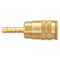 This industrial interchange brass quick-connect air coupling body features a 3/8 in male hose fitting and sleeve locking type. Designed for pneumatic systems, it provides a reliable interface for connecting air tools, hoses, and equipment in manufacturing, automotive, and maintenance applications