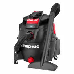This SHOP-VAC heavy-duty vacuum features a 16-gallon plastic tank for wet or dry pickup. It includes a 2-1/2 inch diameter hose that is 7 feet long. Suitable for cleaning liquid spills and dry debris in workshops, construction sites, and maintenance areas.