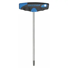T-shaped Torx key with T27 tip size and long handle length of 4 3/8 inches. Made from alloy steel with a chrome finish. Designed for tightening or loosening standard Torx fasteners in maintenance and repair tasks.