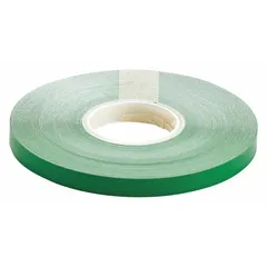 Solid green vinyl floor marking tape, 1/4 in wide by 50 ft long, 4 mil thick. Used for designating aisles, work zones, and storage areas in industrial facilities. The green color indicates safety or first-aid areas.