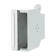 Steel housing for rail mounting at a 180° angle, equipped with an OpDAT x M20 cable gland connection. This unequipped housing (no connector included) is used in voice and data networks to provide a protective enclosure for cable terminations without a splice tray. Suitable for structured cabling and industrial communication systems.