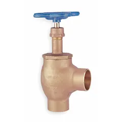 Bronze angle-body globe valve with rising stem for general service. Suitable for regulating flow in compressed air, gas, steam, and water systems. Angle body design reduces pressure drop and is used in piping layouts where space is limited. Pipe size: 1 1/2 in.