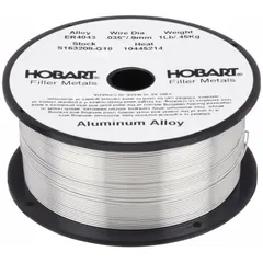 ER4043 aluminum MIG welding wire on a 1 lb spool. Tensile strength of 29 ksi as welded. Suitable for general-purpose welding of aluminum alloys on clean, thin-gauge materials.