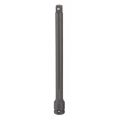 This impact socket extension features a 1/2-inch input and output drive size, standard length, and a manganese phosphate finish for corrosion resistance. It includes a locking mechanism to secure sockets and is designed for use with impact tools in high-torque fastening applications such as automotive repair and industrial assembly.