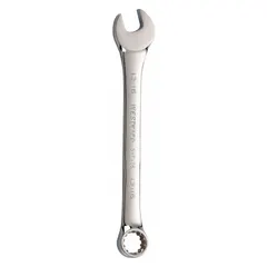 This SAE spline combination wrench features a 13/16 in head size and an offset design for accessing recessed fasteners. Made from alloy steel with a chrome finish, it has an overall length of 10 1/2 in. Suitable for tightening or loosening hex fasteners in mechanical assembly and repair tasks.