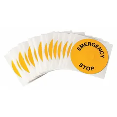 Round legend ring with black 'Emergency Stop' legend on yellow background. Made of polyester, 3 1/2 in overall diameter. Compatible with R6000 series. Used for identifying push-button functions on industrial control panels.