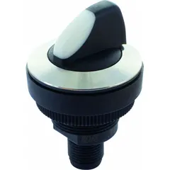 This 2-position selector switch from the S-Switch series features a short-handled knob operator head made of plastic. It offers maintained/momentary action with Off at the first position and Momentary at the second. The switch has 2 normally open contacts rated for 0.1 A at 35 V AC/DC. Suitable for panel-mount control applications requiring a compact, non-illuminated operator.
