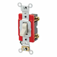 This single-pole toggle wall switch provides maintained on/off control for lighting or other electrical loads from one location. Rated for 120/277V AC and 20 A, it is suitable for commercial and industrial applications. The switch features a Light Almond finish and is non-illuminated.