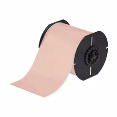Continuous label roll measuring 4 inches by 100 feet, made of vinyl with a pink gloss finish for outdoor use. Compatible with the Brady S3700 printer series for thermal transfer printing. Suitable for identification and safety labeling in industrial environments, such as marking pipes, equipment, and warning signs.