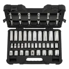 This 44-piece socket set includes 1/2 in drive, 12-point metric sockets ranging from 10 mm to 32 mm. Deep sockets are included for accessing recessed fasteners. The set is tether ready, allowing attachment of a lanyard to prevent tool drops when working at height. Suitable for tightening and loosening metric fasteners in automotive, machinery, and industrial applications.