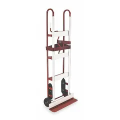 General purpose hand truck with vertical dual-loop frame for moving appliances and heavy items. Red finish, hand crank strap tightening, and 6-inch rubber tread-on-core wheels.